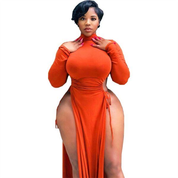 Orange Long Sleeve High Split Dress - Image 2