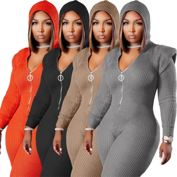Grey Knitted One Piece Hoodie Jumpsuit - Image 4