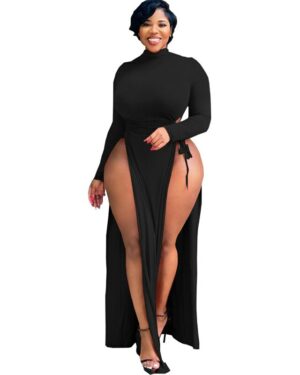Black Long Sleeve High Split Dress