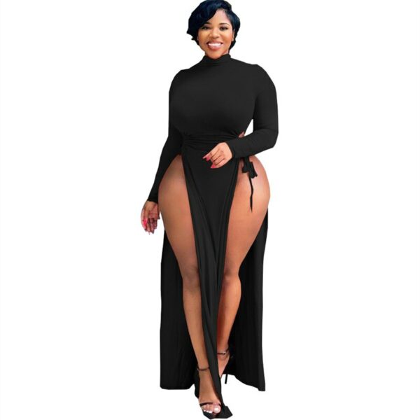 Black Long Sleeve High Split Dress
