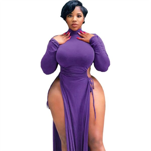 Purple Long Sleeve High Split Dress - Image 2