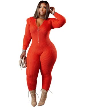 Orange Knitted One Piece Hoodie Jumpsuit