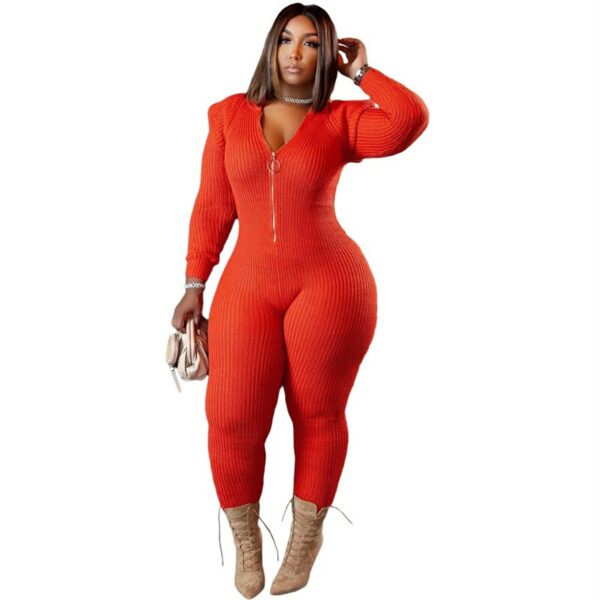 Orange Knitted One Piece Hoodie Jumpsuit