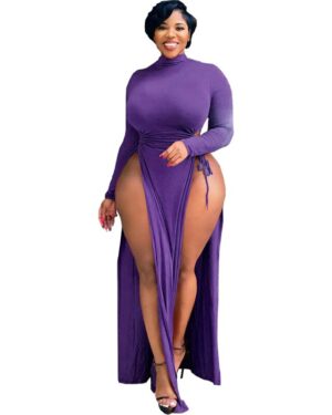 Purple Long Sleeve High Split Dress