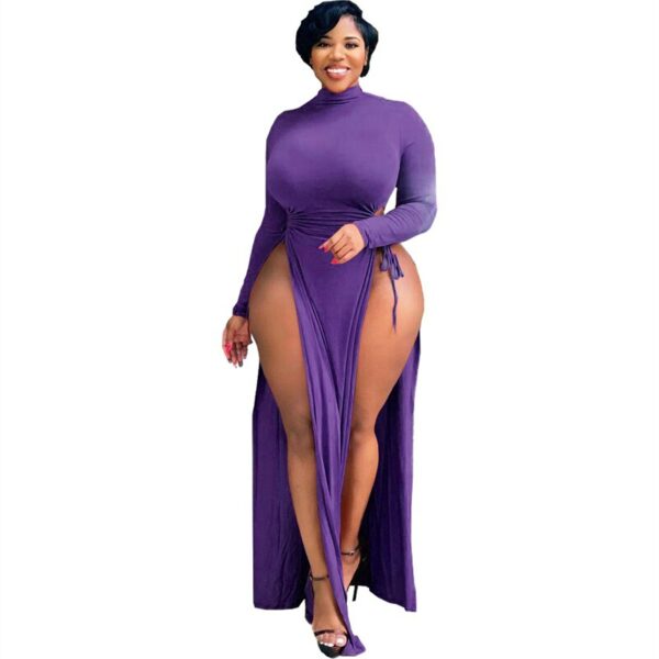Purple Long Sleeve High Split Dress