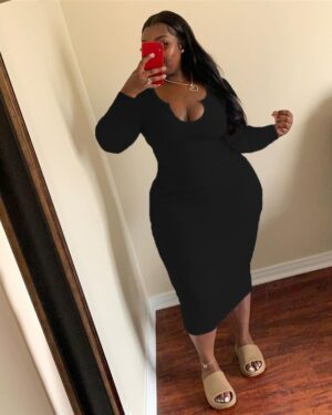 Black O-Neck Long Sleeve Midi Dress