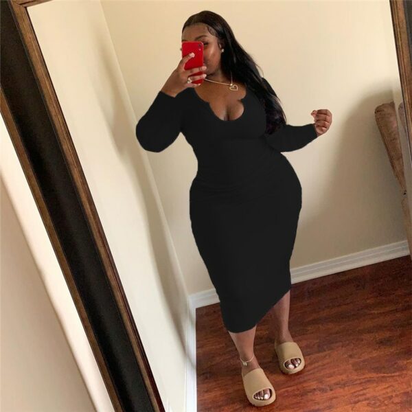 Orange O-Neck Long Sleeve Midi Dress - Image 3