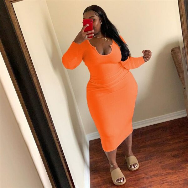 Orange O-Neck Long Sleeve Midi Dress