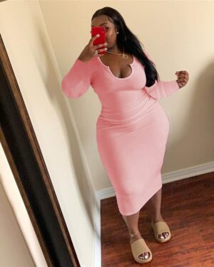 Pink O-Neck Long Sleeve Midi Dress