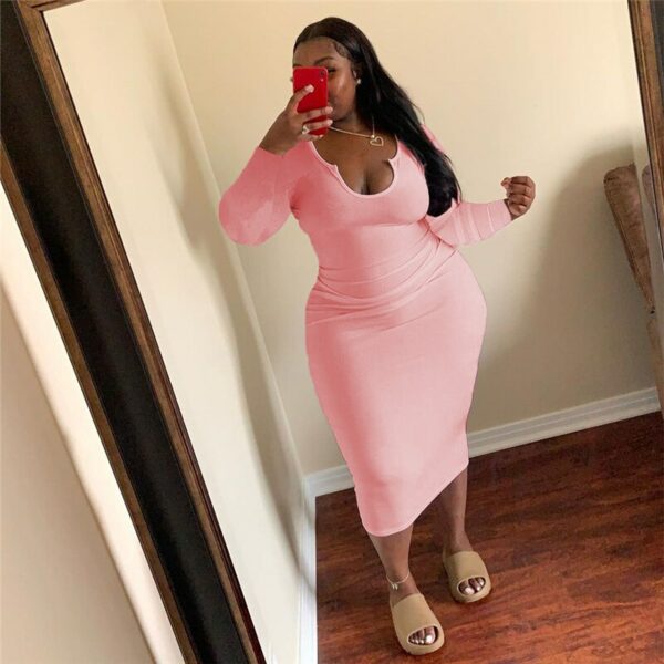 Orange O-Neck Long Sleeve Midi Dress - Image 2