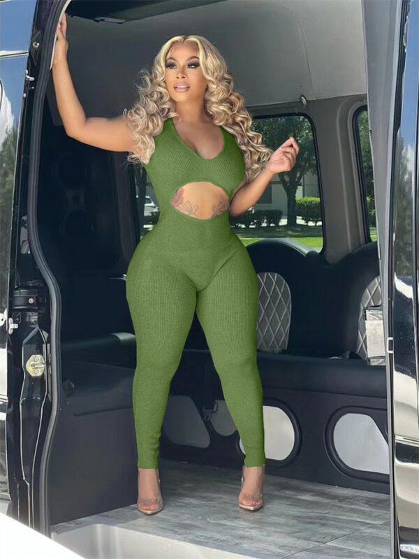 Grey Hollow Cut Out Bodycon Jumpsuit - Image 2