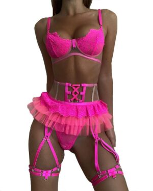 Neon Pink Mesh Patchwork 3-Piece Set