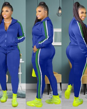 Blue Hooded Collar Patchwork Tracksuit