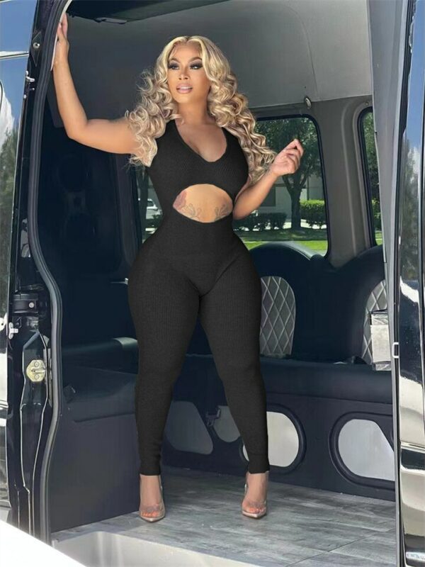Grey Hollow Cut Out Bodycon Jumpsuit - Image 5
