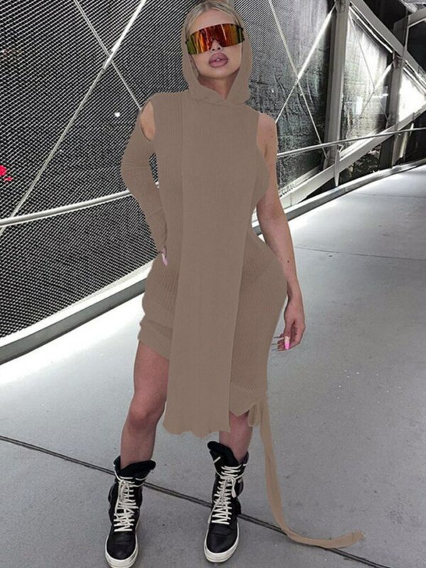 Grey One Sleeve Knit Hooded Midi Dress - Image 4