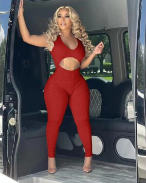 Red Hollow Cut Out Bodycon Jumpsuit