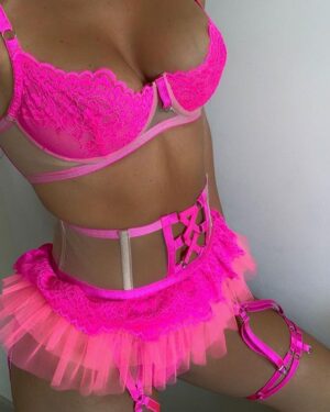 Neon Pink Mesh Patchwork 3-Piece Set