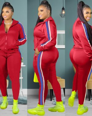 Red Hooded Collar Patchwork Tracksuit
