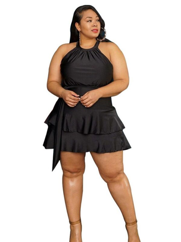 Black Halter Neck Layered Short Dress - Image 2