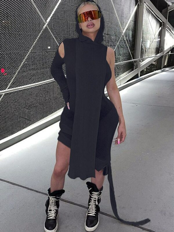 Grey One Sleeve Knit Hooded Midi Dress - Image 3