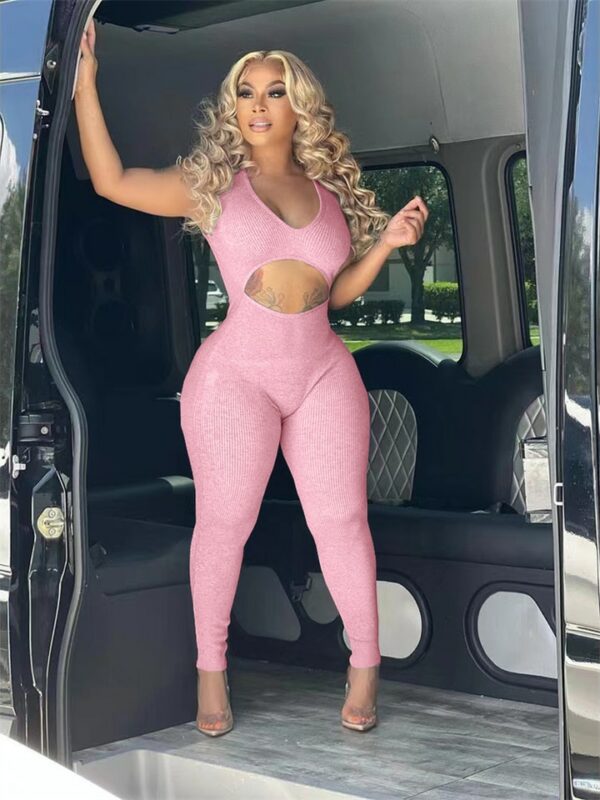 Grey Hollow Cut Out Bodycon Jumpsuit - Image 3