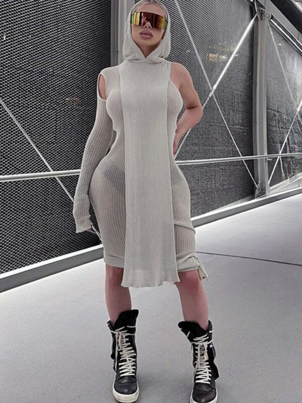 Grey One Sleeve Knit Hooded Midi Dress