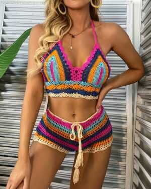 Crochet striped top & shorts