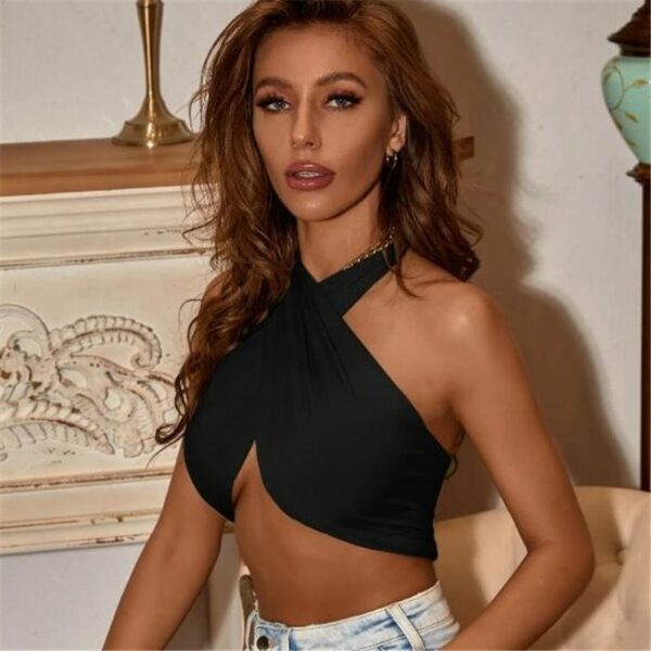 Black Halter Strapless Wrap Crop Top - Image 3