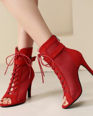 Red Suede Peep Toe Boots - 7CM Heel