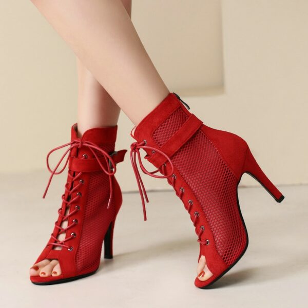 Red Suede Peep Toe Boots - 10CM Heel
