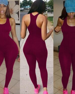Wine Red Skinny Sleeveless Workout Jumpsuit