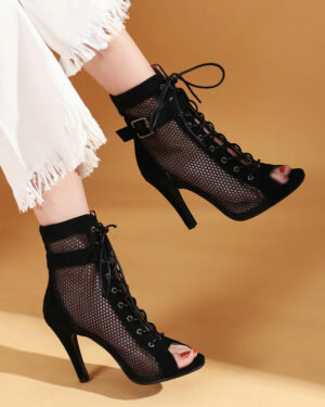 Black Suede Peep Toe Boots - 10CM Heel