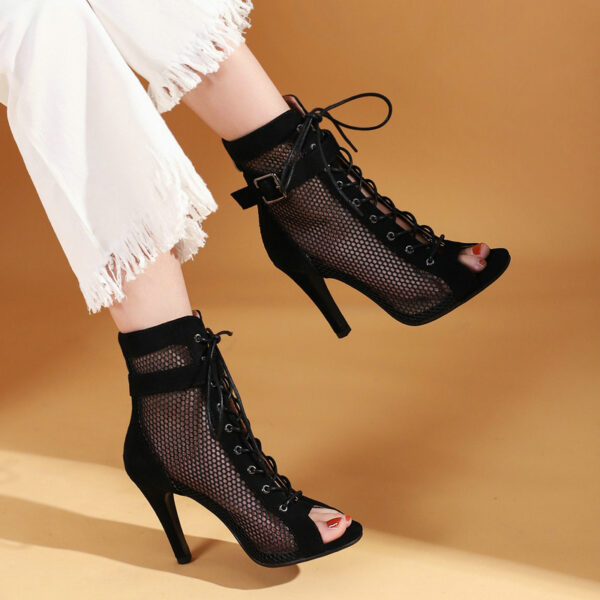 Black Suede Peep Toe Boots - 7CM Heel