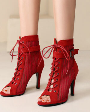 Red Suede Peep Toe Boots - 7CM Heel