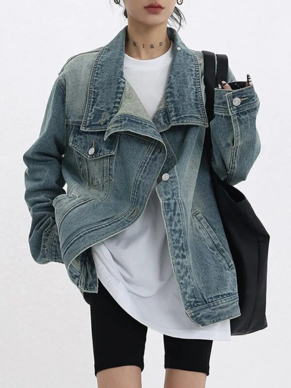 Turtleneck Single Breasted Denim Jacket - Image 4