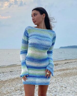 Blue Striped Knit Mini Dress