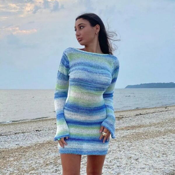 Blue Striped Knit Mini Dress - Image 2