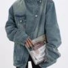Turtleneck Single Breasted Denim Jacket - Image 2