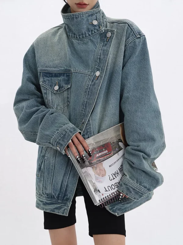 Turtleneck Single Breasted Denim Jacket - Image 2