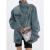 Turtleneck Single Breasted Denim Jacket - Image 7