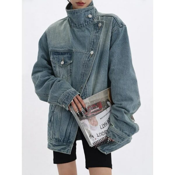 Turtleneck Single Breasted Denim Jacket - Image 7