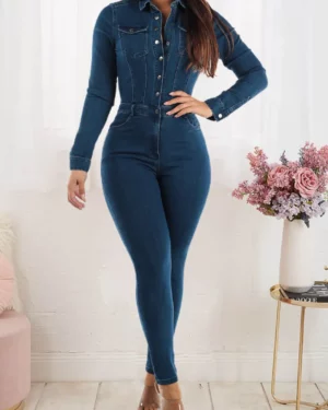 Denim Turn-Down Collar Jumpsuit