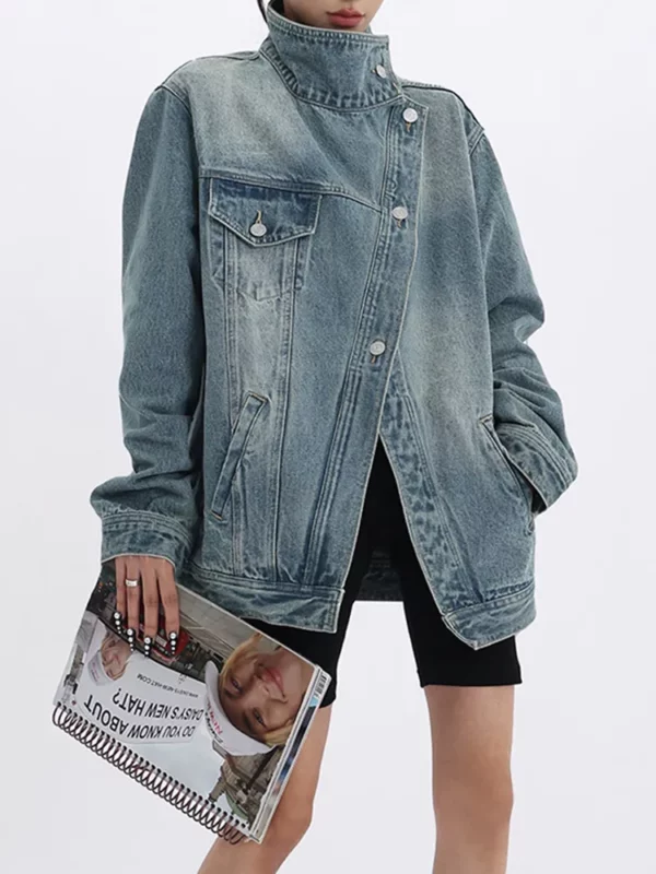 Turtleneck Single Breasted Denim Jacket - Image 3