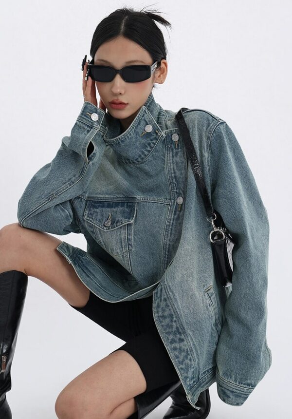 Turtleneck Single Breasted Denim Jacket
