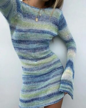 Blue Striped Knit Mini Dress