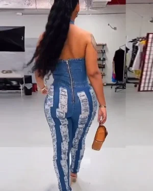 Cut Out Stretch Denim Jumpsuit