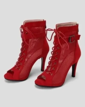 Red Suede Peep Toe Boots – 9.84CM Heel