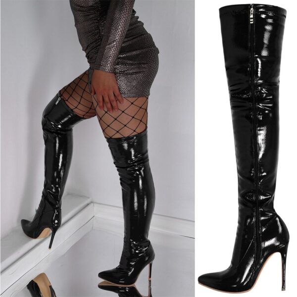 Black Pointed Toe Thigh High Heel Boots