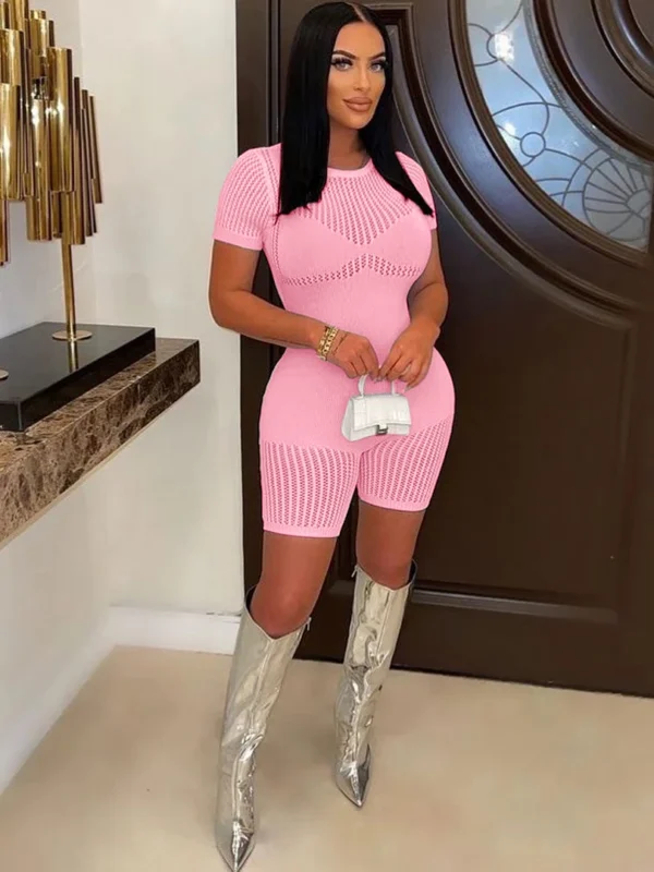 Pink Knitted Short Sleeve Playsuit