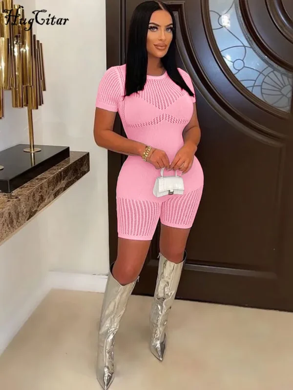 Pink Knitted Short Sleeve Playsuit - Image 2
